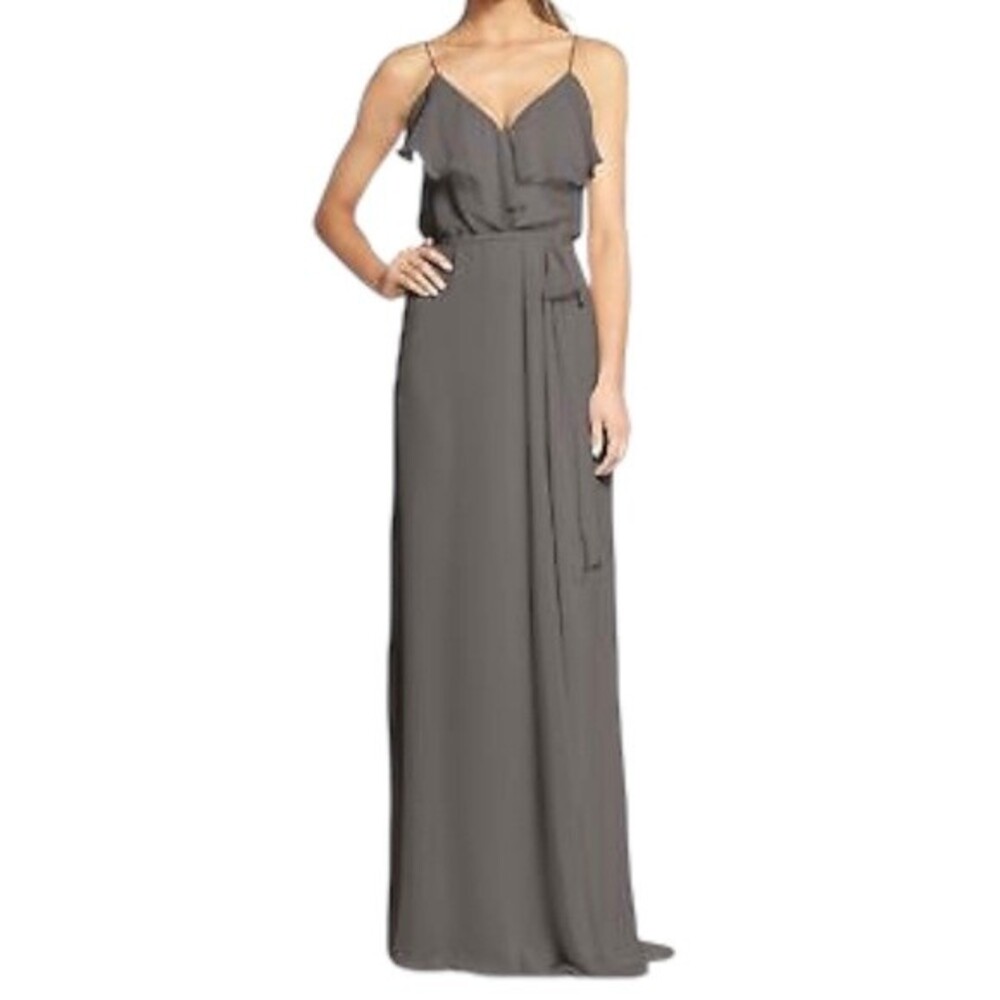 Nouvelle Amsale Drew Gray Chiffon Ruffle Wrap Spaghetti Strap Slip Dress Size XL - Picture 6 of 14